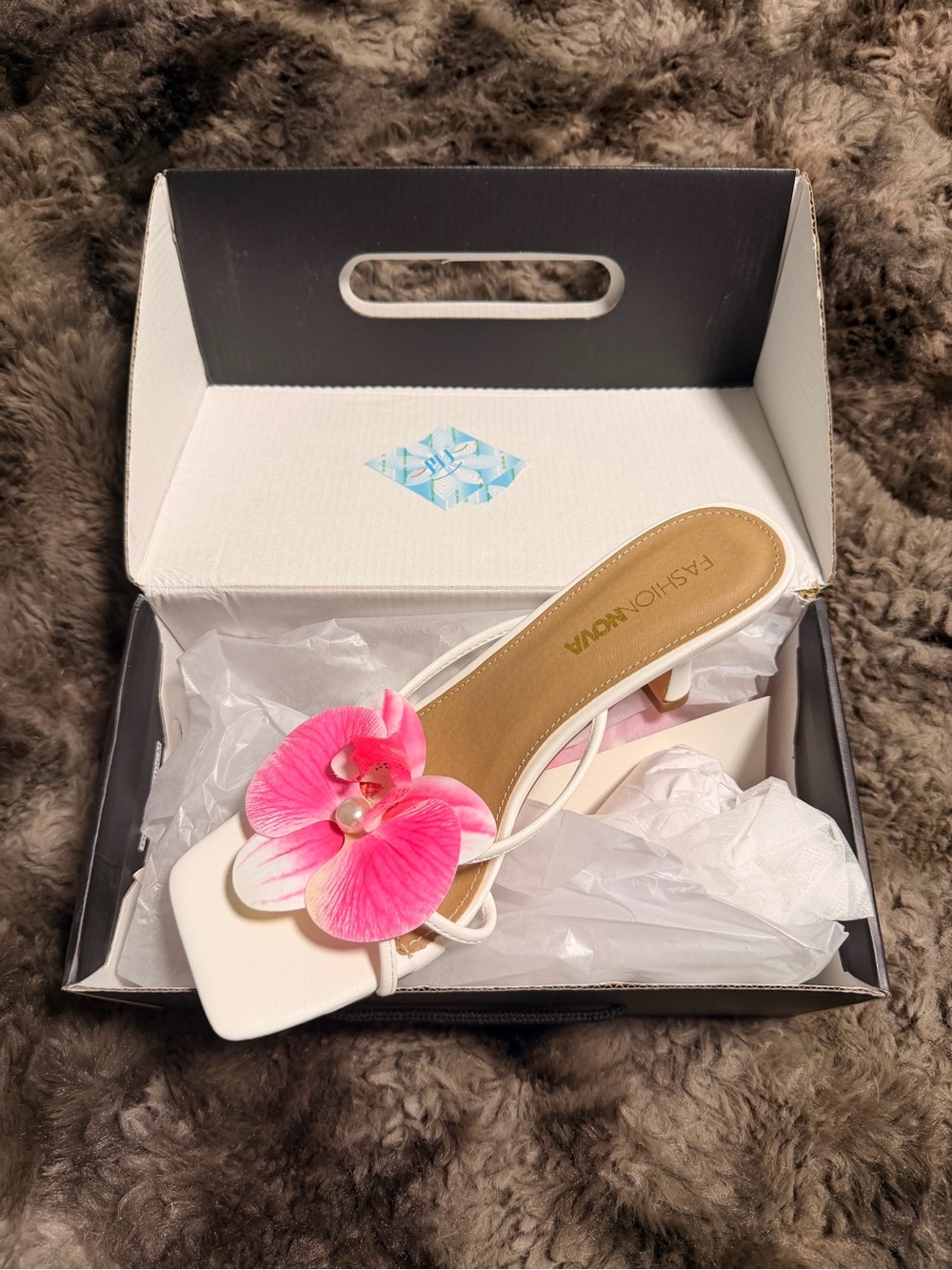 White Heeled Sandal with Pink Floral Accent